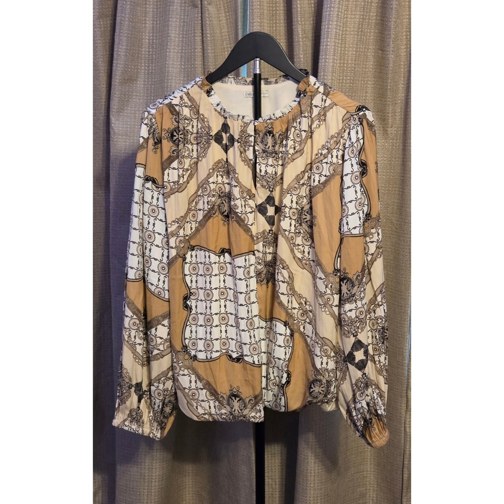 NWOT Cato Floral Print V-Neck Blouse Women's Size 14/16W Brown‎ White
